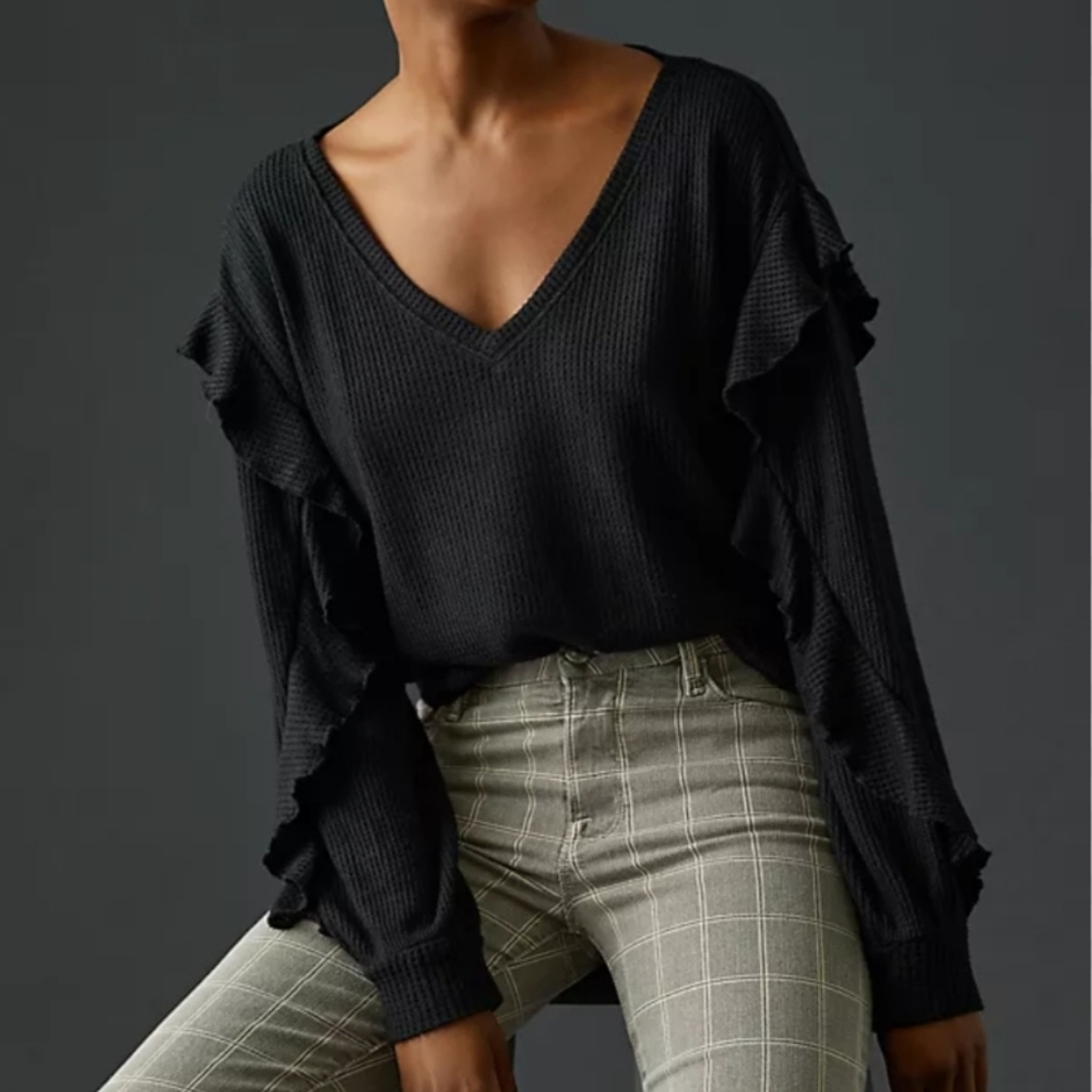 Pilcro‎ Anthropologie Black Ruffle V-Neck Top Small